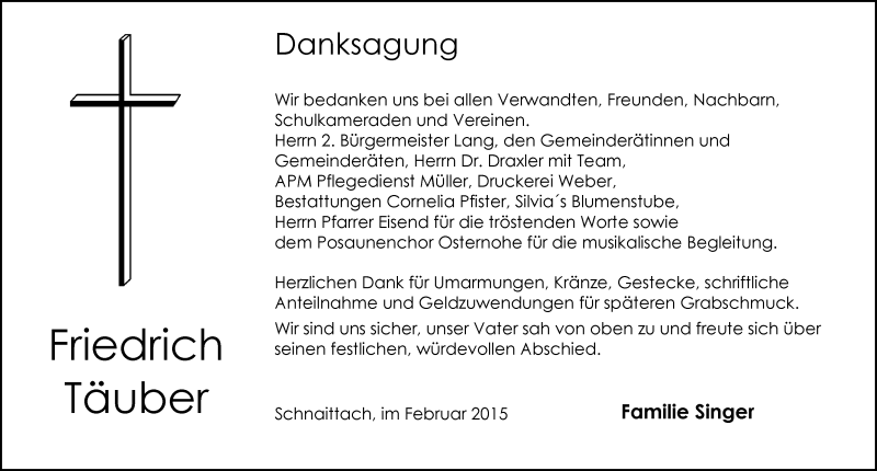  Traueranzeige für Friedrich Täuber vom 07.02.2014 aus Pegnitz-Zeitung