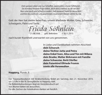 Traueranzeige von Frieda Söhnlein von Hersbrucker Zeitung