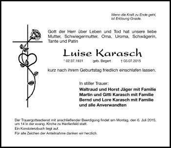 Traueranzeige von Luise Karasch von Hersbrucker Zeitung
