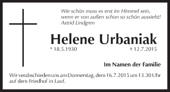 Traueranzeige von Helene Urbaniak von Pegnitz-Zeitung