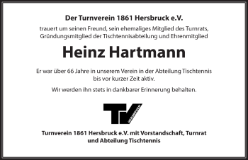 Traueranzeige von Heinz Hartmann von Hersbrucker Zeitung