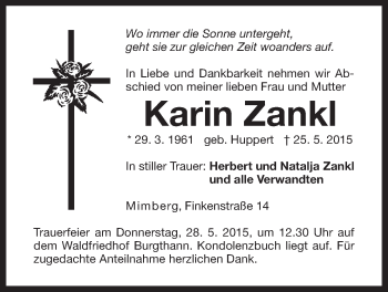 Traueranzeige von Karin Zankl von Der Bote