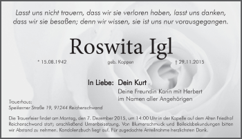 Traueranzeige von Roswita Igl von Hersbrucker Zeitung