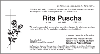 Traueranzeige von Rita Puscha von Pegnitz-Zeitung