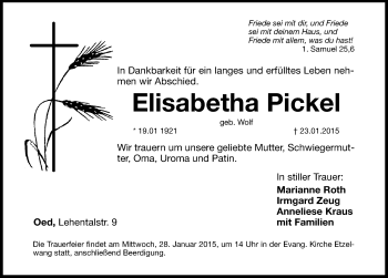 Traueranzeige von Elisabetha Pickel von Hersbrucker Zeitung