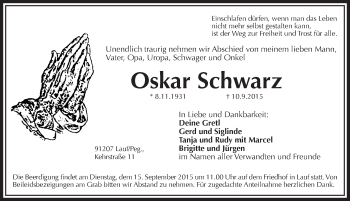 Traueranzeige von Oskar Schwarz von Pegnitz-Zeitung