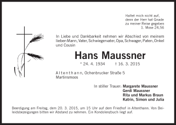 Traueranzeige von Hans Maussner von Der Bote