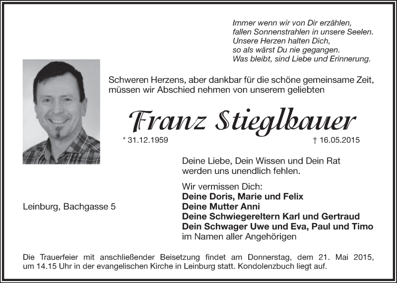  Traueranzeige für Franz Stieglbauer vom 20.05.2015 aus Der Bote