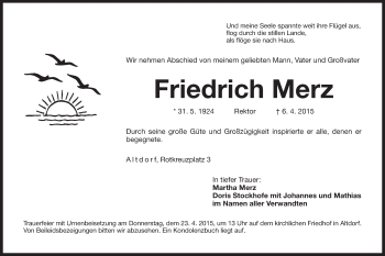 Traueranzeige von Friedrich Merz von Der Bote