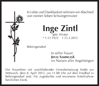 Traueranzeige von Inge Zintl von Pegnitz-Zeitung