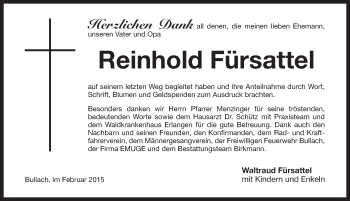 Traueranzeige von Reinhold Fürsattel von Pegnitz-Zeitung