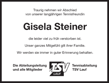 Traueranzeige von Gisela Steiner von Pegnitz-Zeitung