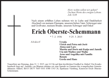 Traueranzeige von Erich Oberste-Schemmann von Der Bote