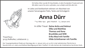 Traueranzeige von Anna Duerr von Pegnitz-Zeitung