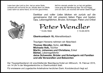 Traueranzeige von Peter Wendler von Hersbrucker Zeitung