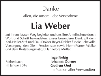 Traueranzeige von Lia Weber von Pegnitz-Zeitung