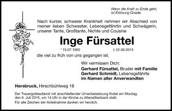 Traueranzeige von Inge Fürsattel von Hersbrucker Zeitung