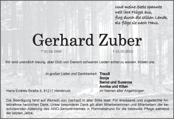 Traueranzeige von Gerhard Zuber von Hersbrucker Zeitung