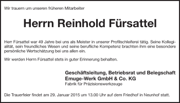 Traueranzeige von Reinhold Fürsattel von Pegnitz-Zeitung
