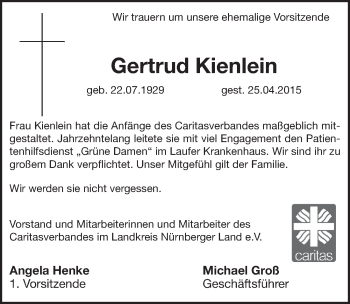 Traueranzeige von Gertrud Kienlein von Pegnitz-Zeitung