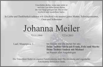 Traueranzeige von Johanna Meiler von Pegnitz-Zeitung