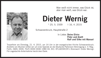 Traueranzeige von Dieter Wernig von Der Bote