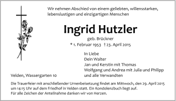Traueranzeige von Ingrid Hutzler von Hersbrucker Zeitung