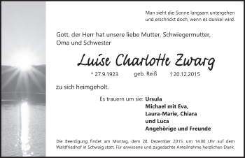 Traueranzeige von Luise Charlotte Zwarg von Pegnitz-Zeitung