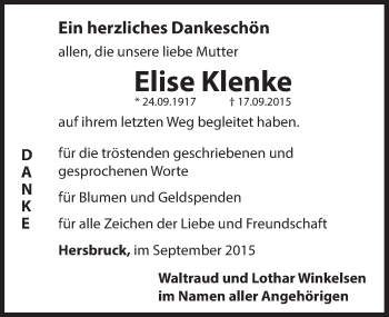 Traueranzeige von Elise Klenke von Hersbrucker Zeitung
