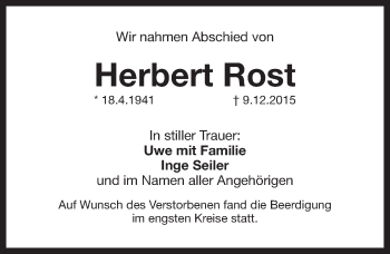 Traueranzeige von Herbert Rost von Pegnitz-Zeitung