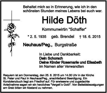 Traueranzeige von Hilde Döth von Hersbrucker Zeitung
