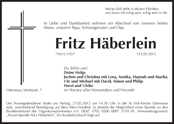 Traueranzeige von Fritz Häberlein von Pegnitz-Zeitung