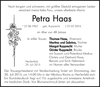 Traueranzeige von Petra Haas von Pegnitz-Zeitung