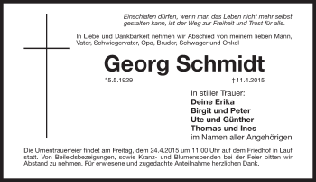 Traueranzeige von Georg Schmidt von Pegnitz-Zeitung