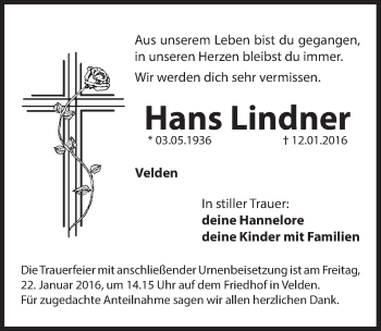 Traueranzeige von Hans Lindner von Hersbrucker Zeitung