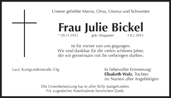 Traueranzeige von Julie Bickel von Pegnitz-Zeitung