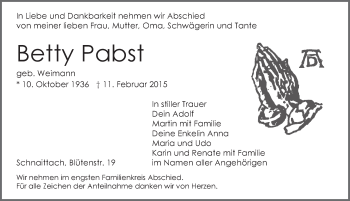 Traueranzeige von Betty Pabst von Pegnitz-Zeitung