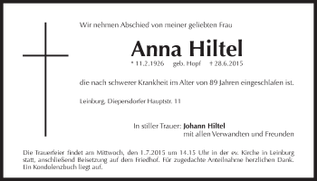 Traueranzeige von Anna Hiltel von Der Bote