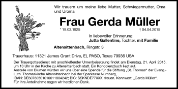 Traueranzeige von Gerda Müller von Hersbrucker Zeitung
