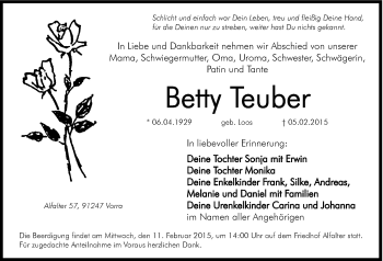 Traueranzeige von Betty Teuber von Hersbrucker Zeitung