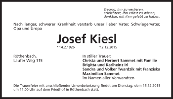 Traueranzeige von Josef Kiesl von Pegnitz-Zeitung