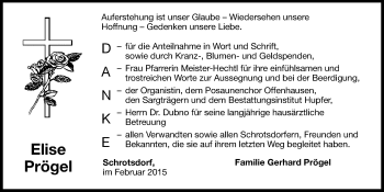 Traueranzeige von Elise Prögel von Hersbrucker Zeitung