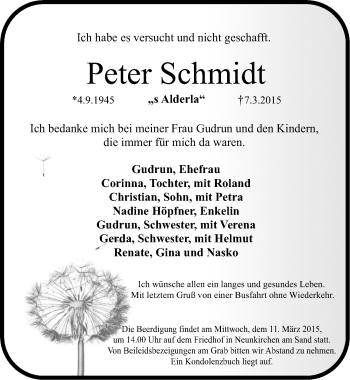 Traueranzeige von Peter Schmidt von Pegnitz-Zeitung