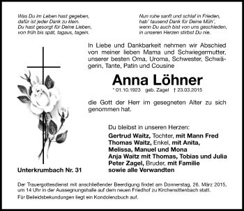 Traueranzeige von Anna Löhner von Hersbrucker Zeitung