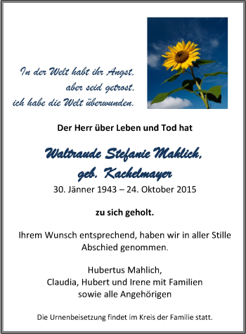 Traueranzeige von Waltraude Stefanie Mahlich von Hersbrucker Zeitung