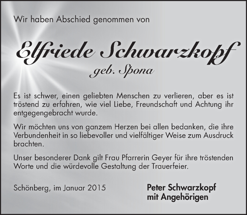  Traueranzeige für Elfriede Schwarzkopf vom 24.01.2015 aus Pegnitz-Zeitung