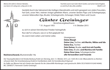 Traueranzeige von Günter Greisinger von Hersbrucker Zeitung