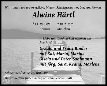 Traueranzeige von Alwine Härtl von Pegnitz-Zeitung
