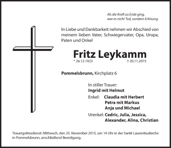 Traueranzeige von Fritz Leykamm von Hersbrucker Zeitung