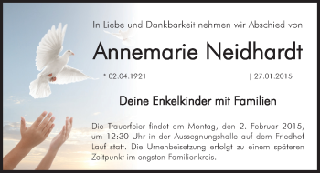 Traueranzeige von Annemarie Neidhardt von Pegnitz-Zeitung